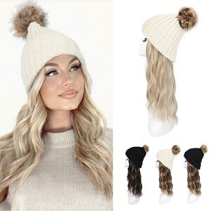 Stylish Cream Knit Hat with Blonde Wig Extension